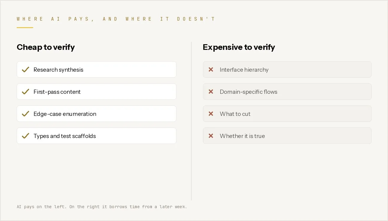Two columns comparing work that is cheap to verify against work that is expensive to verify